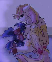 Size: 1600x1900 | Tagged: safe, artist:cluterdrop, derpibooru import, princess celestia, princess luna, alicorn, pony, cloven hooves, comforting, crying, duo, duo female, eyes closed, female, filly, foal, hug, mare, royal sisters, siblings, sisters, unshorn fetlocks, woona, younger