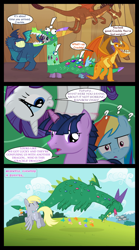 Size: 1280x2300 | Tagged: safe, artist:bigsnusnu, derpibooru import, barry, crackle, derpy hooves, dusk shine, rainbow dash, rarity, twilight sparkle, butterfly, dragon, pegasus, pony, unicorn, comic:dusk shine in pursuit of happiness, ^^, billy, crackle costume, dialogue, disguise, dragon costume, exclamation point, eyes closed, female, horn, male, mare, question mark, rule 63, speech bubble, stallion