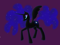 Size: 800x600 | Tagged: safe, artist:moon petals, derpibooru import, nightmare moon, oc, oc:nyx, alicorn, pony, fanfic:past sins, alicorn oc, ethereal hair, eyeshadow, fanfic art, horn, makeup, nightmare nyx, purple background, simple background, solo, spread wings, wings, wrong cutie mark