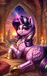 Size: 2688x4288 | Tagged: safe, ai content, derpibooru import, generator:easyfluff v11.2, generator:stable diffusion, machine learning generated, starlight glimmer, pony, unicorn, g4, anonymous editor, anonymous prompter, bed, bedroom eyes, blushing, bust, butt, butt fluff, candle, castle, chest fluff, ear fluff, ears, female, feral, fluffy, high res, hoof shoes, horn, jewelry, looking at you, mare, necklace, png, portrait, romantic, smiling, smiling at you, solo, sunset