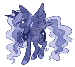 Size: 1280x1141 | Tagged: safe, artist:peaceouttopizza23, derpibooru import, princess luna, alicorn, pony, g4, deviantart watermark, female, looking at you, mare, obtrusive watermark, one wing out, raised hoof, raised leg, simple background, solo, watermark, white background, wings