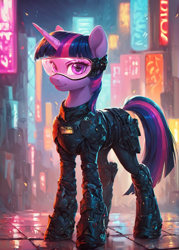 Size: 1000x1400 | Tagged: safe, ai content, derpibooru import, generator:pony diffusion v6 xl, generator:stable diffusion, machine learning generated, twilight sparkle, unicorn twilight, pony, unicorn, armor, bust, city, clothes, cyberpunk, horn, night, police uniform, portrait, prompter:star-dragon, solo, visor