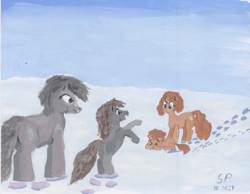 Size: 1463x1137 | Tagged: safe, artist:shitty painter, derpibooru import, oc, oc only, oc:the abominable snowmare, pony, /mlp/, colt, female, filly, foal, group, hoofy-kicks, male, mare, painting, rearing, scared, snow, snowpony (species), taiga pony, traditional art, winter, yakutian horse