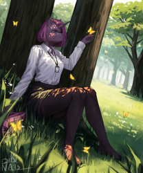 Size: 5000x6000 | Tagged: safe, artist:p i k i n a s 13, derpibooru import, oc, oc only, oc:rendy dask, anthro, butterfly, unicorn, clothes, feet, forest, grass, horn, nature, pantyhose, shirt, skirt, sun, tights, tree