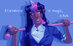 Size: 1865x1179 | Tagged: safe, artist:irisikiki, derpibooru import, twilight sparkle, human, blue background, clothes, cosplay, costume, crossover, dark skin, elf ears, female, gritted teeth, heathers, horn, horned humanization, humanized, looking at you, mallet, nail polish, shirt, simple background, solo, suit, teeth, vulgar