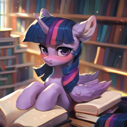 Size: 4096x4096 | Tagged: safe, ai content, derpibooru import, generator:pony diffusion v6 xl, generator:purplesmart.ai, generator:stable diffusion, machine learning generated, twilight sparkle, twilight sparkle (alicorn), alicorn, pony, g4, blushing, book, bookhorse, ear fluff, ears, library, prompter:sipuxa, solo