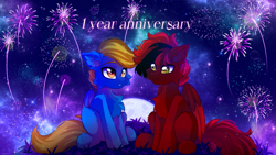 Size: 8001x4500 | Tagged: safe, artist:stesha, derpibooru import, oc, oc:rio tunehoof, oc:zom rosefall, pegasus, pony, fireworks, golden eyes, moon