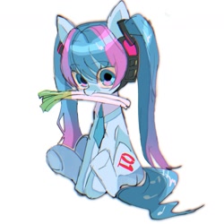 Size: 1331x1331 | Tagged: safe, artist:m09160, derpibooru import, earth pony, pony, robot, anime, clothes, eye clipping through hair, eyebrows, eyebrows visible through hair, female, hatsune miku, leek, looking at you, mare, mouth hold, necktie, ponified, sitting, solo, species swap, vocaloid