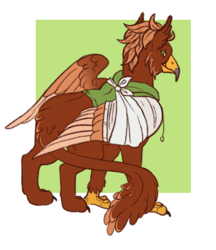 Size: 1336x1543 | Tagged: safe, artist:cactiflowers, derpibooru import, oc, oc:pavlos, griffon, bandage, beak, broken bone, broken wing, cast, cheek fluff, claws, clothes, colored wings, commission, eared griffon, green background, griffon oc, injured, male, non-pony oc, simple background, sling, smiling, solo, tail, wings