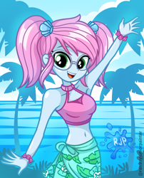 Size: 2015x2490 | Tagged: safe, artist:rjp.rammy, derpibooru import, oc, oc:stardust, human, equestria girls, g4, abs, armpits, arms in the air, background, beach, beach babe, beautiful, beautiful eyes, beautiful hair, beautisexy, belly button, blue body, blue skin, body slim, bracelet, breasts, clothes, enjoying, female, girly, glasses, good girl, green eyes, hair accessory, hands in the air, happy, holiday, human coloration, interspecies, inviting, jewelry, leaf, looking at you, ocean, open mouth, open smile, palm tree, pigtails, pink hair, raised arm, reasonably shaped breasts, reasonably sized breasts, sarong, sexy, smiling, smiling at you, solo, teenage girls, teenager, thin, tree, tropical, water