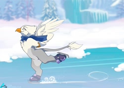 Size: 1100x778 | Tagged: safe, artist:arctic-fox, derpibooru import, oc, oc only, oc:der, griffon, griffon oc, ice, ice skates, ice skating, skates, snow, solo