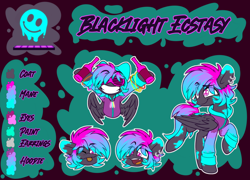 Size: 1118x806 | Tagged: safe, artist:nekro-led, derpibooru import, oc, oc only, oc:blacklight ecstasy, pegasus, alcohol, clothes, colorful, drink, drugs, dyed mane, dyed tail, glowstick, hoodie, lsd, neon, paint, rave, reference sheet, tail