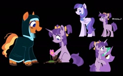 Size: 1286x804 | Tagged: safe, artist:partyponypower, derpibooru import, bumblesweet, firelight, starlight glimmer, oc, earth pony, pegasus, pony, unicorn, g4, alternate hairstyle, alternate universe, black background, female, filly, filly starlight glimmer, flower, foal, horn, nun, pegasus oc, simple background, younger