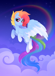 Size: 2500x3500 | Tagged: safe, artist:kabuvee, derpibooru import, rainbow dash, pegasus, pony, g4, alternate cutie mark, alternate design, alternate hair color, alternate hairstyle, closed mouth, cloud, colored wings, colored wingtips, dreamworks face, female, flight trail, flying, freckledash, freckles, gradient legs, long tail, looking at you, mare, night, night sky, rainbow trail, sky, smiling, solo, speed trail, stars, tail, two toned wings, wings