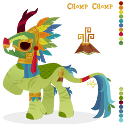 Size: 1920x1920 | Tagged: safe, artist:kabuvee, derpibooru import, oc, oc only, oc:chomp chomp, kirin, armband, aztec, cloven hooves, color palette, colored hooves, hoof on chest, leaves, leaves in hair, leaves in tail, leonine tail, mask, simple background, solo, standing, tail, tail cuff, transparent background