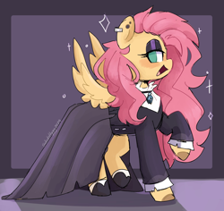 Size: 2902x2740 | Tagged: safe, artist:sakukitty, derpibooru import, fluttershy, pegasus, pony, g4, blushing, clothes, dress, ear piercing, earring, eyeliner, eyeshadow, female, fluttergoth, goth, high res, jewelry, lidded eyes, looking at you, makeup, mare, necklace, no pupils, open mouth, open smile, piercing, raised hoof, raised leg, smiling, smiling at you, solo, sparkles, spread wings, wings