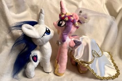 Size: 1280x850 | Tagged: safe, artist:crazyditty, derpibooru import, princess cadance, shining armor, alicorn, pony, unicorn, clothes, dress, duo, female, horn, husband and wife, irl, looking at each other, looking at someone, male, married couple, meme, photo, plushie, the bride and the ugly ass groom