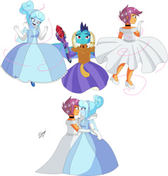 Size: 1280x1343 | Tagged: safe, artist:denisseguadiana, derpibooru import, princess ember, scootaloo, oc, oc:jemimasparkle, dragon, human, equestria girls, g4, alternate hairstyle, canon x oc, cinderella, clothes, dress, female, glass slipper (footwear), gown, lesbian, looking at each other, looking at someone, magic, open mouth, open smile, poofy shoulders, smiling, smiling at each other, trio