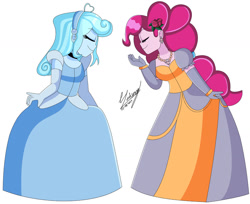 Size: 1280x1042 | Tagged: safe, artist:denisseguadiana, derpibooru import, pinkie pie, oc, oc:jemimasparkle, human, equestria girls, g4, canon x oc, cinderella, clothes, curtsey, dress, duo, ear piercing, earring, evening gloves, eyes closed, female, flower, flower in hair, gloves, gown, jetlag productions, jewelry, lesbian, long gloves, necklace, piercing, smiling