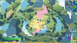 Size: 640x361 | Tagged: safe, derpibooru import, edit, edited screencap, screencap, fluttershy, pegasus, pony, g4, season 1, the cutie mark chronicles, cloud, falling, female, filly, filly fluttershy, flailing, foal, fortnite, funny, hud, overhead view, solo, younger