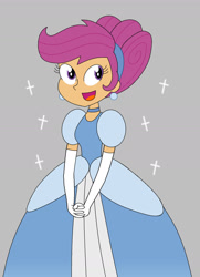 Size: 1024x1417 | Tagged: safe, artist:rarity525, derpibooru import, scootaloo, human, equestria girls, g4, alternate hairstyle, cinderella, clothes, cute, cutealoo, dress, evening gloves, female, gloves, gown, hair bun, hairband, hands together, long gloves, open mouth, open smile, poofy shoulders, smiling, solo, solo female, sparkles