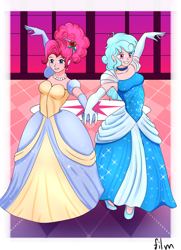 Size: 2598x3583 | Tagged: safe, artist:film77asq, derpibooru import, pinkie pie, oc, oc:jemimasparkle, human, equestria girls, g4, alternate hairstyle, ballroom, breasts, canon x oc, cinderella, clothes, dress, duo, ear piercing, earring, evening gloves, female, flower, flower in hair, gloves, gown, grin, holding hands, jetlag productions, jewelry, lesbian, long gloves, necklace, pearl necklace, piercing, pinkie pies, poofy shoulders, smiling