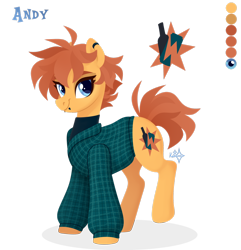 Size: 1920x1994 | Tagged: safe, artist:kabuvee, derpibooru import, oc, oc only, oc:andy, earth pony, pony, clothes, color palette, ear piercing, earring, earth pony oc, female, jewelry, lip piercing, looking at you, mare, piercing, simple background, solo, standing, sweater, transparent background