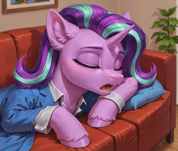 Size: 1200x1024 | Tagged: source needed, safe, ai content, derpibooru import, generator:pony diffusion v6 xl, generator:stable diffusion, machine learning generated, starlight glimmer, unicorn, g4, clothes, horn, open mouth, prompter needed, sleeping, sofa