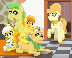 Size: 3823x3117 | Tagged: safe, artist:faitheverlasting, derpibooru import, aunt orange, grand pear, mosely orange, peachy pie, sunny daze, uncle orange, earth pony, pony, g4, basket, doorway, ears, family, father and child, father and daughter, female, filly, floppy ears, flower, flower in hair, flower in tail, foal, grandfather and grandchild, grandfather and granddaughter, happy, headcanon, high res, jewelry, looking at someone, looking back, lying down, male, mare, mouth hold, neckerchief, necklace, one eye closed, parent and child, prone, raised hoof, raised leg, reunion, sequel, siblings, sisters, smiling, stallion, story included, surprised, tail, tongue, tongue out, twin sisters, twins, wide eyes