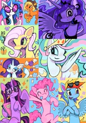 Size: 901x1280 | Tagged: safe, artist:_night_milk, artist:_night_milk_, derpibooru import, applejack, dj pon-3, fluttershy, pinkie pie, princess celestia, princess luna, rainbow dash, rarity, twilight sparkle, twilight sparkle (alicorn), vinyl scratch, alicorn, earth pony, pegasus, pony, unicorn, g4, horn, sunglasses