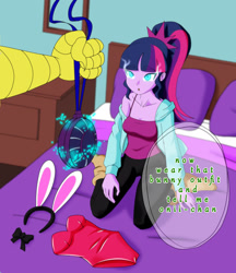 Size: 1280x1483 | Tagged: safe, artist:smoker, derpibooru import, discord, sci-twi, twilight sparkle, human, equestria girls, g4, anime, bed, bunny suit, clothes, hypnosis, hypnotized, pajamas