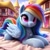 Size: 1024x1024 | Tagged: safe, ai content, machine learning generated, rainbow dash, pegasus, pony, bing, blanket, female, fluffy, folded wings, jewelry, lying down, lying on the ground, mare, on ground, pendant, ponyville, prone, solo