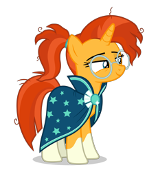Size: 4600x5000 | Tagged: safe, artist:gypsykumquat, derpibooru import, sunburst, sunstone (g4 r63 sunburst), pony, unicorn, g4, .svg available, clothes, coat markings, female, glasses, horn, inkscape, looking to side, looking to the right, mare, messy mane, robe, rule 63, sassy, show accurate, simple background, smiling, smug, smug smile, socks (coat marking), solo, sunstone, transparent background, vector, waifu material