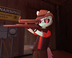 Size: 2500x2000 | Tagged: safe, artist:arche, derpibooru import, oc, oc only, oc:#c0ffee, pony, semi-anthro, aiming, clothes, gun, rifle, sniper, sniper (tf2), sniper rifle, solo, team fortress 2, weapon