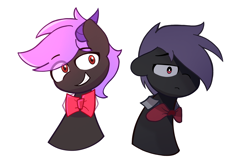 Size: 3000x2000 | Tagged: safe, artist:arche, derpibooru import, oc, oc only, oc:arche medley, demon, demon pony, alter ego, bowtie, frown, grin, happy, sad, simple background, smiling, white background