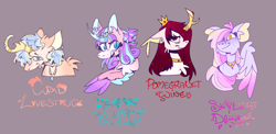 Size: 1278x625 | Tagged: safe, artist:kinda-lost, derpibooru import, prince blizzard heart, princess flurry heart, princess skyla, oc, oc:cupid lovestruck, oc:pomegranet wine, alicorn, pegasus, pony, unicorn, alternate name, annoyed, blaze (coat marking), blue eyes, bust, cheek fluff, chest fluff, choker, coat markings, colored horn, colored pinnae, colored wings, countershading, crown, curved horn, cyan eyes, ear fluff, ear piercing, ear tufts, earring, ears, ears back, facial markings, female, feminine stallion, freckles, golden eyes, gradient wings, gray background, group, hair over one eye, horn, jewelry, lidded eyes, looking at you, male, mare, name, necklace, offspring, older, older flurry heart, open mouth, open smile, parent:princess cadance, parent:shining armor, parents:shiningcadance, partially open wings, pegasus princess skyla, piercing, ponytail, quartet, race swap, red eyes, regalia, rule 63, siblings, simple background, smiling, stallion, striped horn, tiara, wings