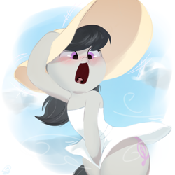 Size: 1280x1280 | Tagged: safe, artist:dulldi, derpibooru import, octavia melody, earth pony, pony, semi-anthro, g4, blush lines, blushing, clothes, cloud, dress, emanata, female, hat, hoof on head, mare, marilyn monroe, open mouth, signature, simple background, sky, solo, standing, summer dress, sun hat, sundress, surprised, the seven year itch, white background, white dress, wind, windswept mane