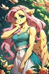 Size: 896x1344 | Tagged: safe, ai content, derpibooru import, machine learning generated, fluttershy, anthro, butterfly, pegasus, g4, apron, breasts, clothes, dress, ears, female, floppy ears, flower, hootershy, looking at you, mare, nature, prompter:saberclaw1x, smiling, smiling at you, solo, stupid sexy fluttershy, sundress