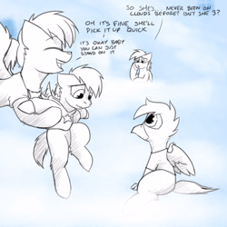 Size: 3000x3000 | Tagged: safe, artist:captainhoers, derpibooru import, rainbow dash, spitfire, oc, oc:concorde, oc:gren, hippogriff, pegasus, pony, clothes, female, foal, grayscale, high res, holding a pony, hoodie, interspecies offspring, magical lesbian spawn, mare, monochrome, mother and child, offspring, older spitfire, open mouth, open smile, parent and child, parent:gilda, parent:rainbow dash, parent:soarin', parent:spitfire, parents:gildash, parents:soarinfire, smiling, wavy mouth