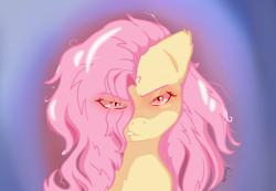 Size: 1760x1217 | Tagged: safe, artist:flutterbug18, derpibooru import, fluttershy, bat pony, pony, g4, angry, bat ponified, bust, eye clipping through hair, flutterbat, glare, glowing, glowing eyes, gritted teeth, looking at you, race swap, teeth