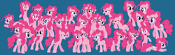 Size: 9608x3048 | Tagged: safe, artist:pinkienaturepie, derpibooru import, pinkie pie, earth pony, pony, g4, too many pinkie pies, blue background, female, multeity, simple background, solo, too much pink energy is dangerous