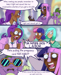 Size: 1080x1328 | Tagged: safe, artist:double--hh, derpibooru import, bon bon, lyra heartstrings, spike, starlight glimmer, sweetie drops, twilight sparkle, anthro, dragon, human, g4, :p, clothes, comic, dark skin, dialogue, group, humanized, light skin, open mouth, screaming, smiling, sweat, sweater, text, tongue, tongue out