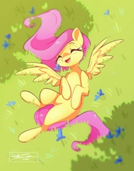 Size: 1100x1400 | Tagged: safe, artist:mindlessnik, derpibooru import, fluttershy, pegasus, pony, g4, cute, eyes closed, female, flower, grass, mare, missing cutie mark, open mouth, open smile, overhead view, shyabetes, smiling, solo, spread wings, wings