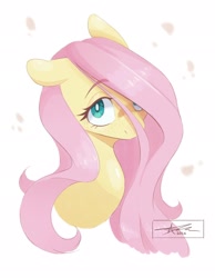 Size: 1593x2048 | Tagged: safe, artist:mindlessnik, derpibooru import, fluttershy, pegasus, pony, g4, bust, ears, female, floppy ears, flower petals, freckles, freckleshy, hair over one eye, looking at you, mare, simple background, solo, white background