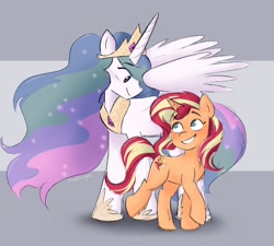 Size: 2048x1842 | Tagged: safe, artist:sunsetslight, derpibooru import, princess celestia, sunset shimmer, alicorn, pony, unicorn, g4, duo, horn, jewelry, looking at each other, looking at someone, regalia, smiling, smiling at each other, style emulation