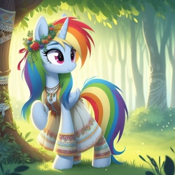 Size: 1024x1024 | Tagged: safe, ai content, derpibooru import, machine learning generated, rainbow dash, alicorn, pony, g4, alicornified, cyrillic, forest, nature, prompter needed, race swap, russian, slavic, solo, tree
