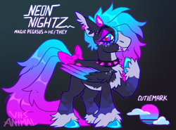 Size: 1477x1092 | Tagged: safe, artist:girlboyburger, derpibooru import, oc, oc only, oc:neon nightz, pegasus, pony, blaze (coat marking), bow, chest fluff, coat markings, colored belly, colored eyebrows, colored fetlocks, colored hooves, colored muzzle, colored pinnae, ear fluff, ear piercing, earring, ears, eyebrow piercing, facial markings, fangs, freckles, gradient background, gradient mane, gradient tail, horns, jewelry, leg fluff, lidded eyes, lip piercing, long mane, long tail, looking back, mealy mouth (coat marking), messy mane, messy tail, multicolored eyes, multicolored mane, multicolored tail, pale belly, pegasus oc, piercing, profile, pronouns, raised hoof, raised leg, red pupils, shiny hooves, shiny mane, shiny tail, slit eyes, smiling, snake bites, socks (coat marking), solo, tail, tail bow, text, unshorn fetlocks, wingding eyes