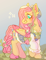 Size: 1499x1945 | Tagged: safe, artist:girlboyburger, derpibooru import, fluttershy, pegasus, pony, g4, alternate design, blush scribble, blushing, bonnet, bow, braid, braided ponytail, braided tail, chest fluff, clothes, colored eartips, colored pinnae, colored wings, colored wingtips, cottagecore, countershading, cute, dress, ear fluff, ears, eyelashes, female, flower, flower in hair, flower in tail, folded wings, gradient background, grass, hair bow, lidded eyes, long mane, long tail, looking back, mare, ponytail, profile, raised hoof, raised leg, shyabetes, signature, smiling, solo, standing, tail, tail bow, teal eyes, two toned wings, watermark, wingding eyes, wings