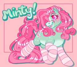 Size: 1595x1381 | Tagged: safe, artist:girlboyburger, derpibooru import, minty, pony, g3, alternate design, blaze (coat marking), blushing, border, clothes, coat markings, colored belly, colored ear fluff, colored eyebrows, colored muzzle, colored pinnae, curly hair, curly mane, curly tail, ear fluff, ears, eyelashes, facial markings, female, freckles, green coat, green text, hair over one eye, head turn, heart, heart eyes, leg freckles, long mane, long socks, long tail, mare, open mouth, open smile, pale belly, pink background, pink eyes, pink mane, pink tail, shadow, simple background, smiling, socks, sparkly eyes, striped socks, tail, text, wingding eyes