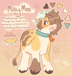 Size: 725x758 | Tagged: safe, artist:girlboyburger, derpibooru import, oc, oc only, oc:milly moo, cow, pegasus, pony, blushing, bonnet, bovine, brown eyes, brown mane, brown tail, brown text, chest fluff, color palette, colored hooves, colored pinnae, colored wings, colored wingtips, ear fluff, ears, floppy ears, gradient background, hair over one eye, hybrid oc, leaves in mane, leonine tail, lidded eyes, looking back, multicolored wings, outline, partially open wings, patterned background, pegacow, pegasus oc, ponysona, reference sheet, signature, small wings, smiling, solo, tail, text, unshorn fetlocks, watermark, wingding eyes, wings